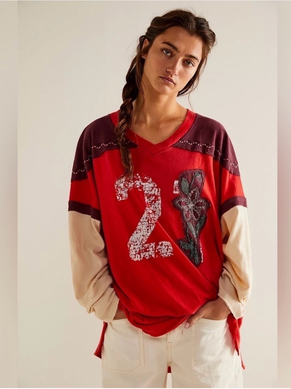 We The Free Oversized Red Long Sleeve Tee